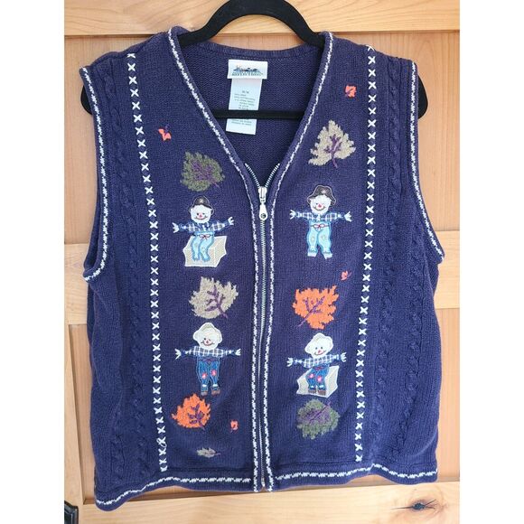 Vintage Embroidered Blue Full Zip Vest Fall Autumn MEDIUM Halloween Teacher M - Picture 1 of 6